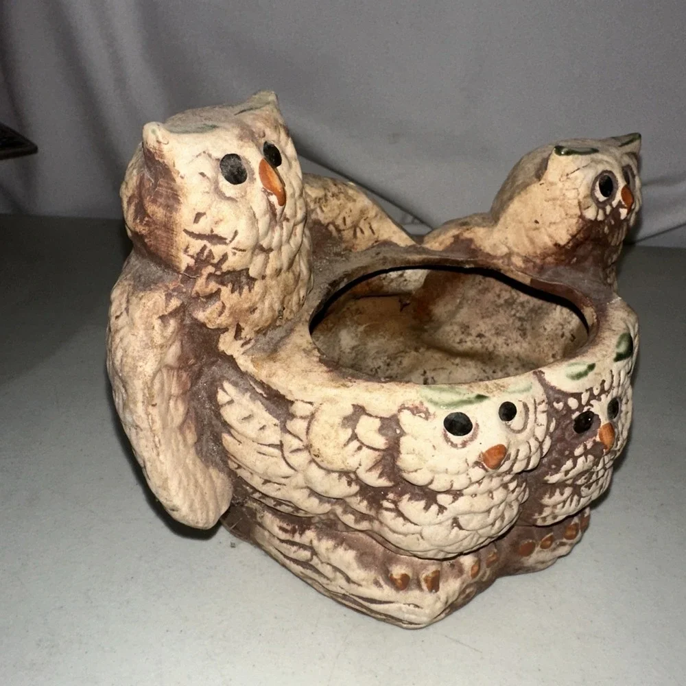 Vintage 70s Ceramic Owl Family Planter Mat Bisque Boho Decor